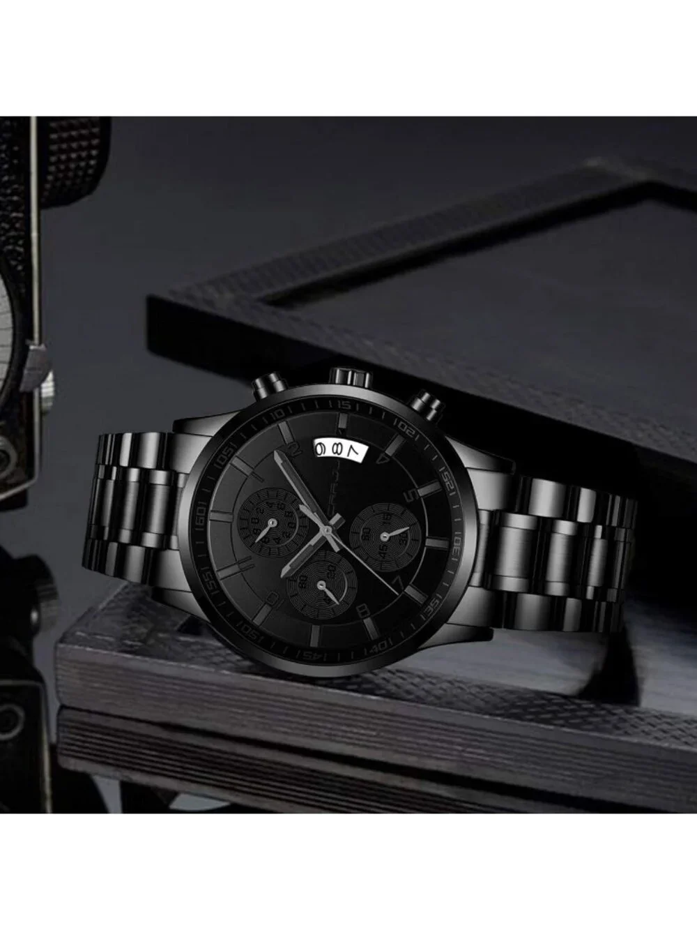 Men's All Black Analog Quartz Stainless Steel Waterproof Chronograph Wrist Watch